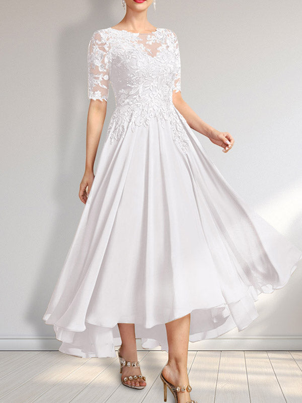 Robe de mère de la mariée en mousseline et dentelle asymétrique illusion à encolure dégagée, coupe en A, ornée de paillettes
