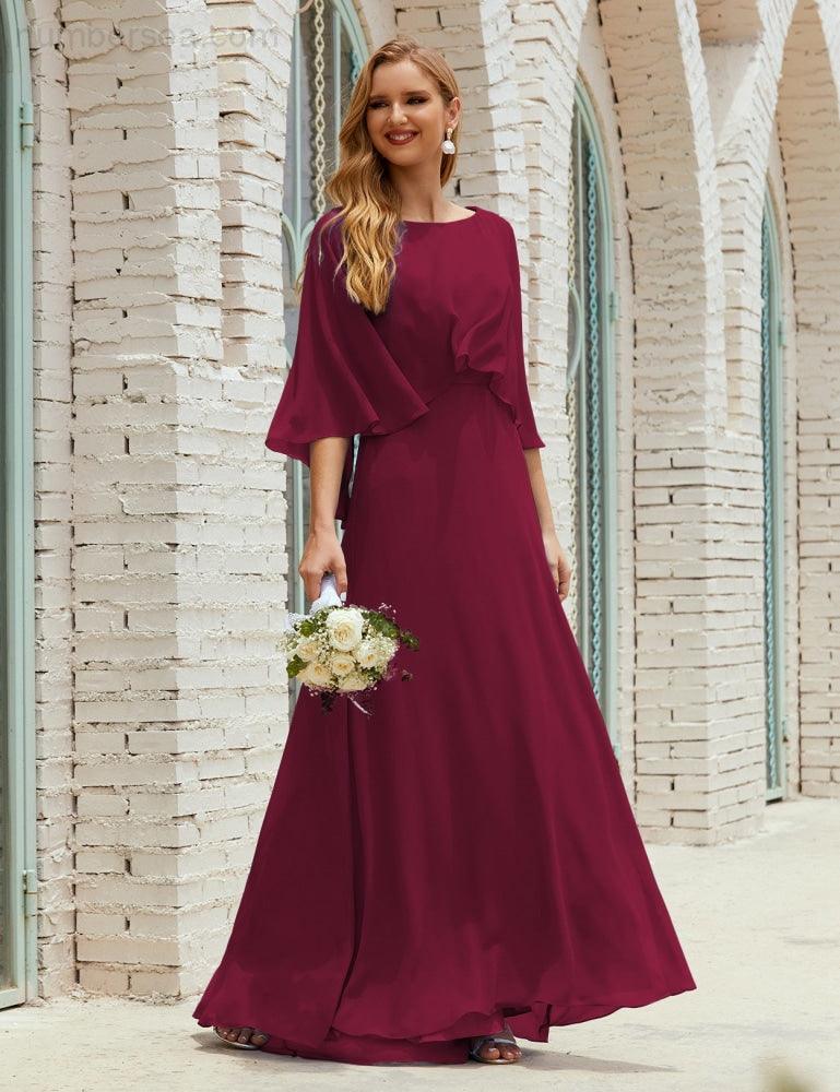 Abito da Damigella Donna Manica Lunga Scollatura a V Chiffon Abito da Cerimonia Matrimonio Festa 28018