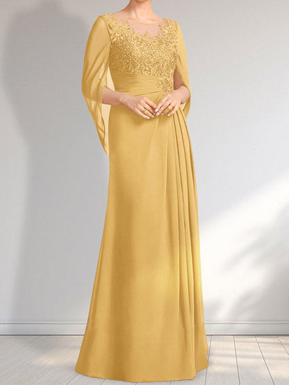 A-Linie, U-Ausschnitt, Illusion, bodenlanges Chiffon-Kleid für die Brautmutter mit plissierten Pailletten