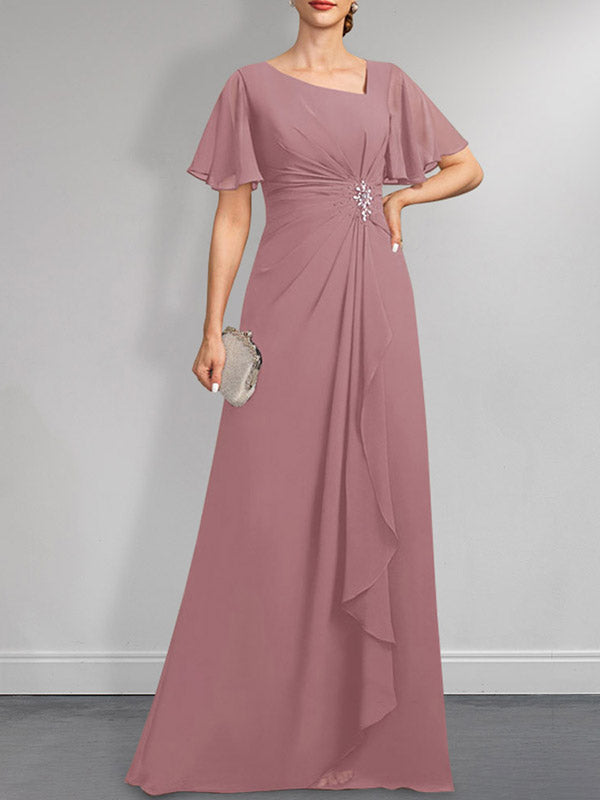 Robe de mère de la mariée en mousseline asymétrique longue jusqu'au sol, coupe en A, ornée de perles plissées et de paillettes