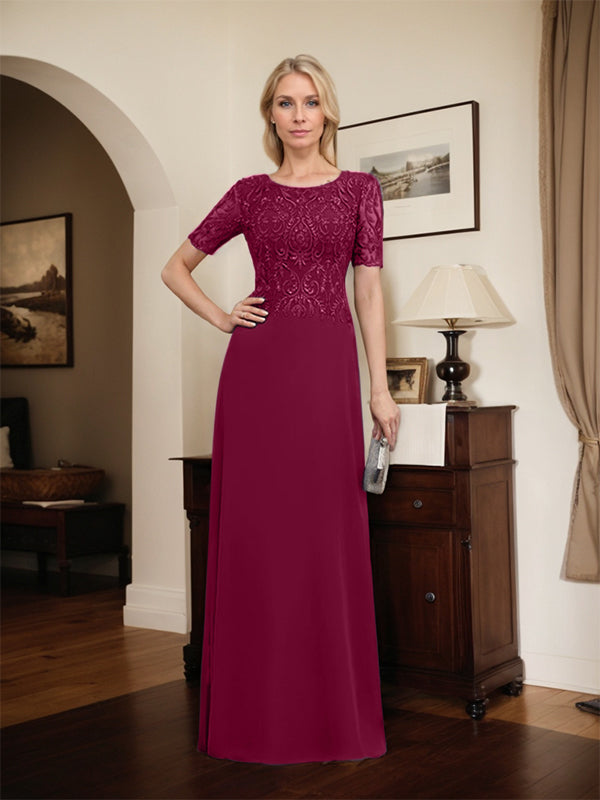 Robe de mère de la mariée en dentelle et mousseline, longueur au sol, en ligne A, décolleté en U, ornée de paillettes