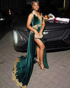 Abito da sera verde velluto sexy con applicazioni dorate, perline, spacco, abito di compleanno nero per ragazza Y8122