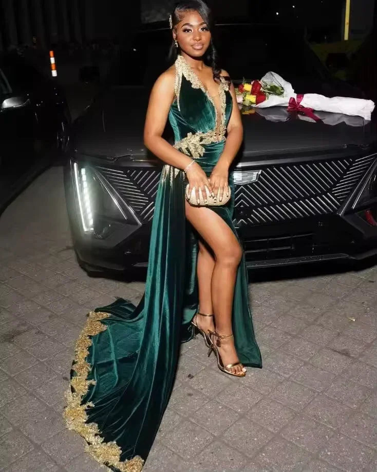 Abito da sera verde velluto sexy con applicazioni dorate, perline, spacco, abito di compleanno nero per ragazza Y8122