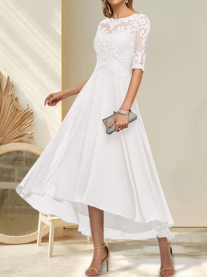 Vestido de madre de la novia de gasa asimétrica con escote barco, ilusión, encaje y lentejuelas con abalorios.