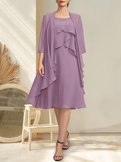 A-Linie U-Ausschnitt Knielang Chiffon Kleid für die Brautmutter mit Perlenbesatz