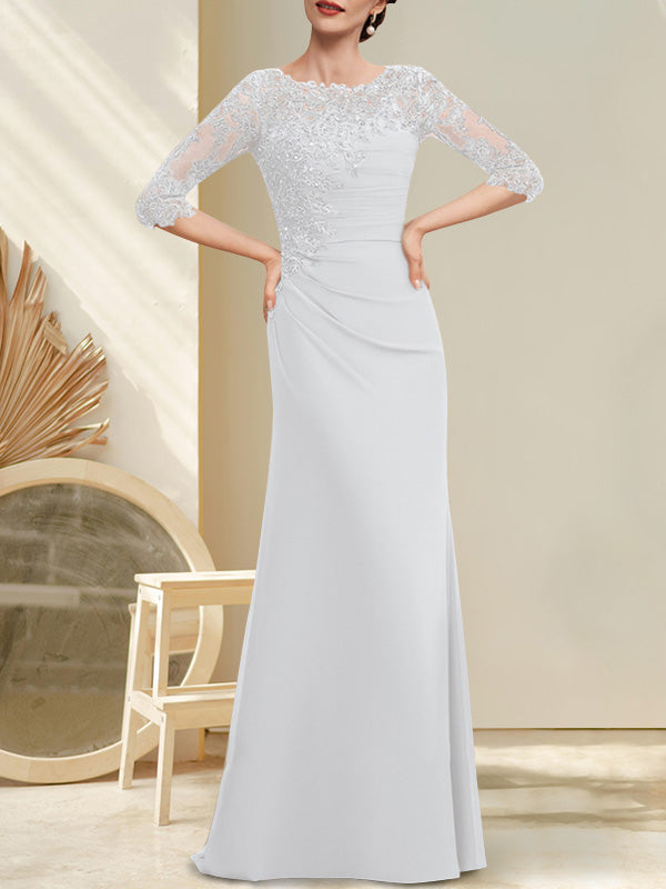Robe de mère de la mariée en mousseline et dentelle, longueur au sol, en ligne A, décolleté en U, ornée de perles et de paillettes plissées