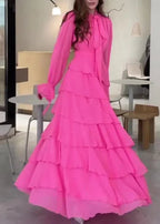 Abito lungo da sera elegante a strati in chiffon con balze per festa e ballo Y7617