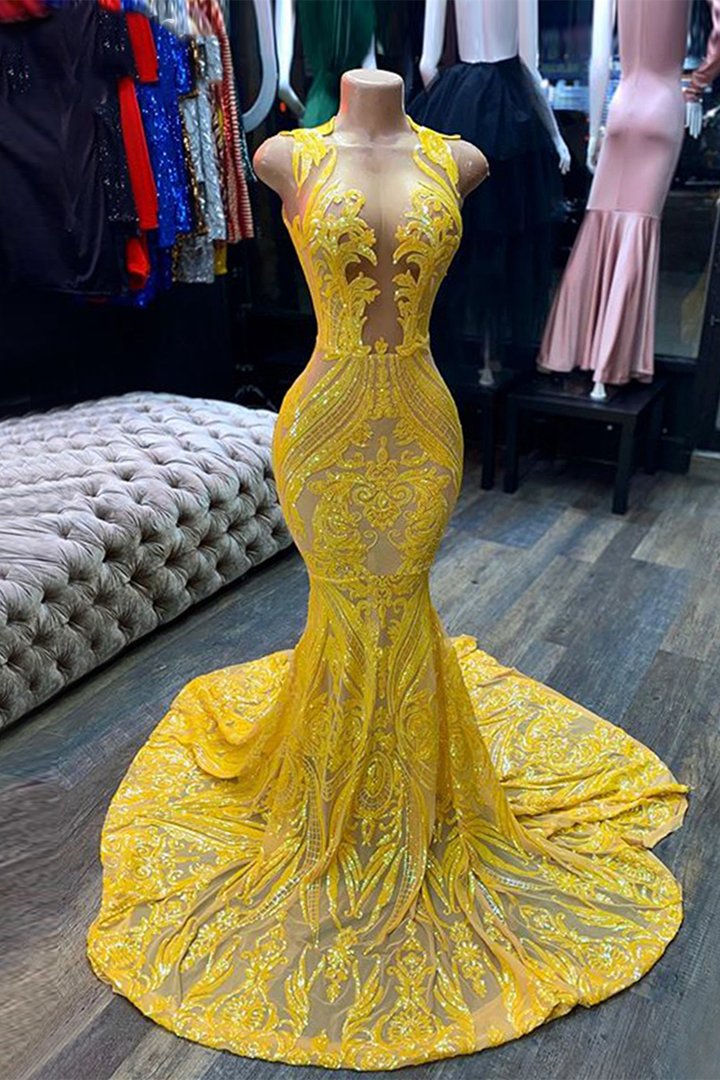 Vestido de Festa Amarelo Longo com Decote em V, Sem Mangas, com Lantejoulas, Renda e Corte Sereia