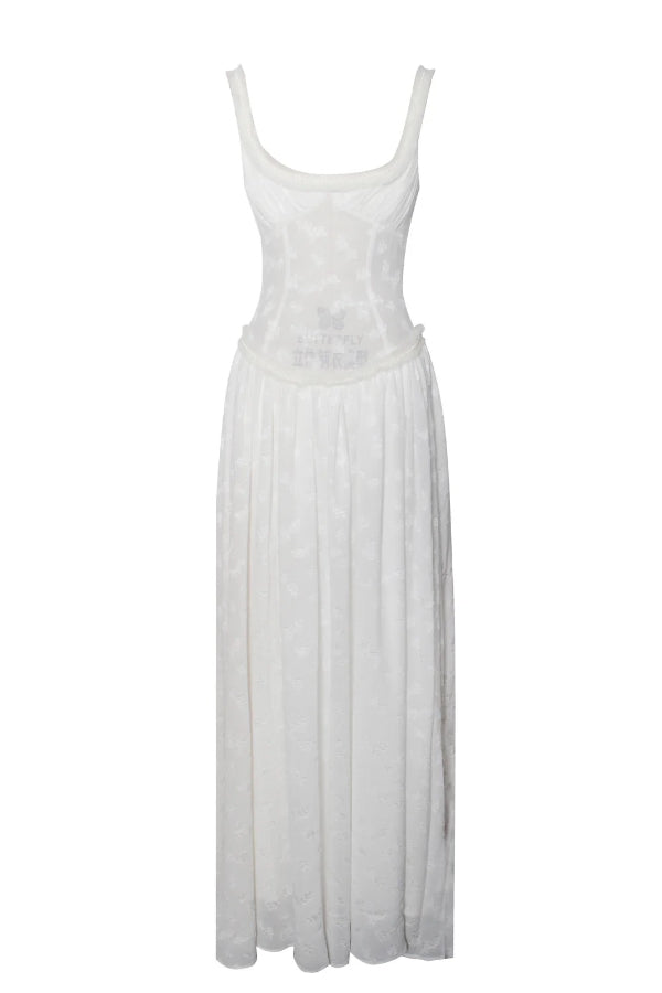 Ulissa Light Green Square Neck Jacquard Textured High Slit Maxi Dress