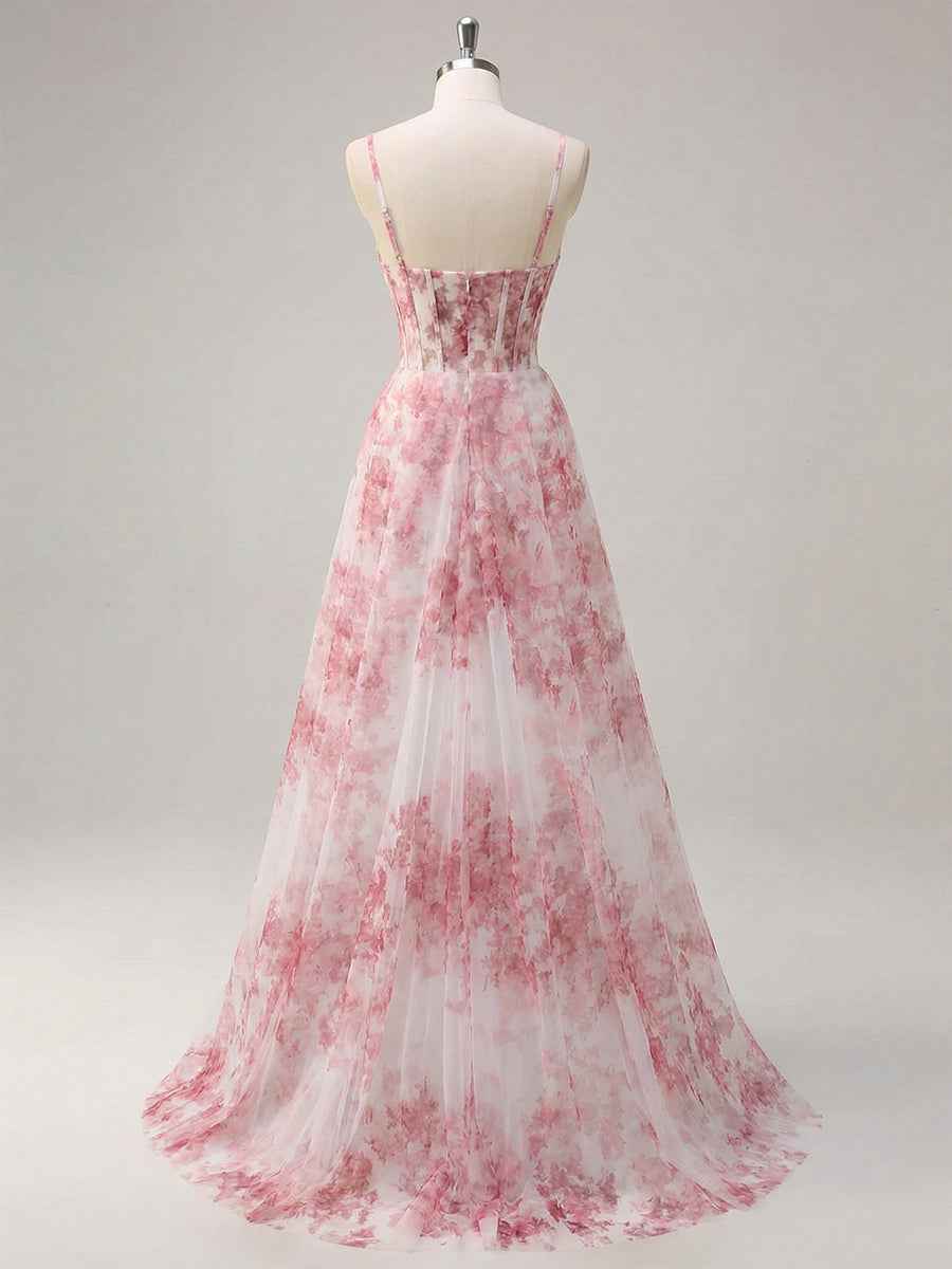 Pink Floral Corset Prom Dress With Tulle Long Gown