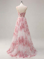 Pink Floral Corset Prom Dress With Tulle Long Gown