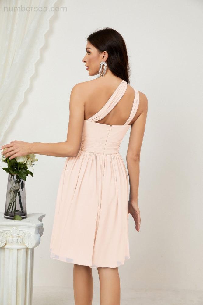 Numbersea Damen Chiffon Kurzes Ein-Schulter Brautjungfernkleid Festliche Kleider für Feier Heimkehr 2804