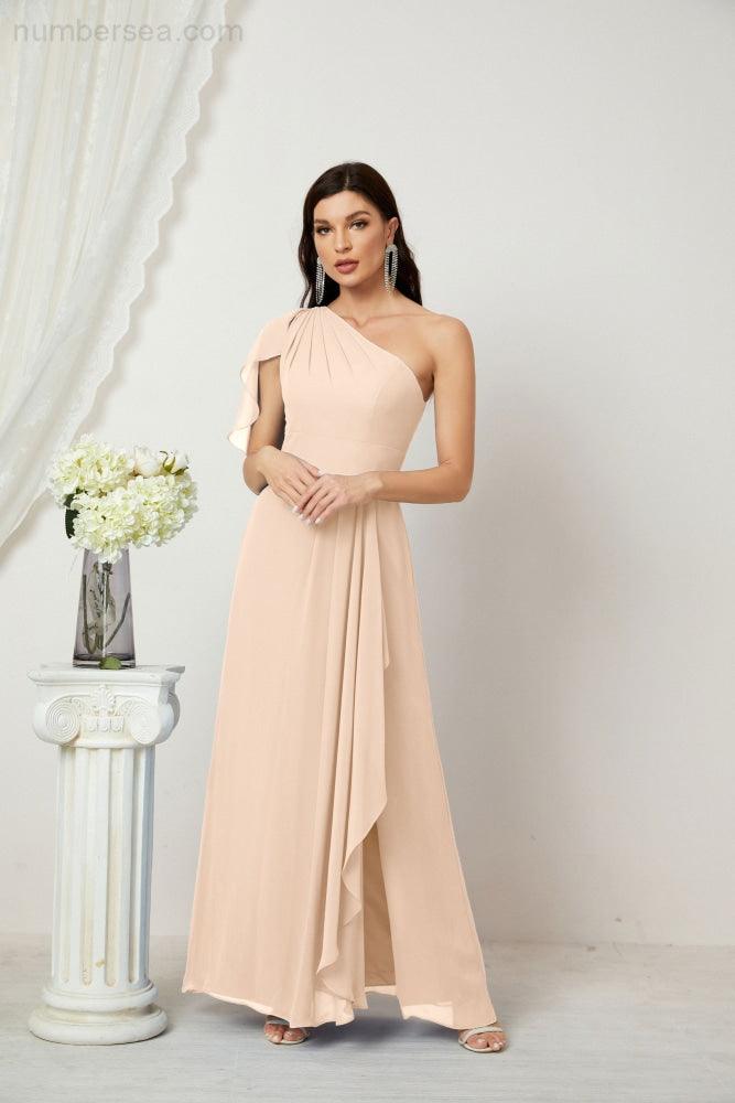 Abito da Sera Formale A-line con Spalla Singola e Balze in Chiffon, Spacco Laterale, per Damigelle, Modello 2809
