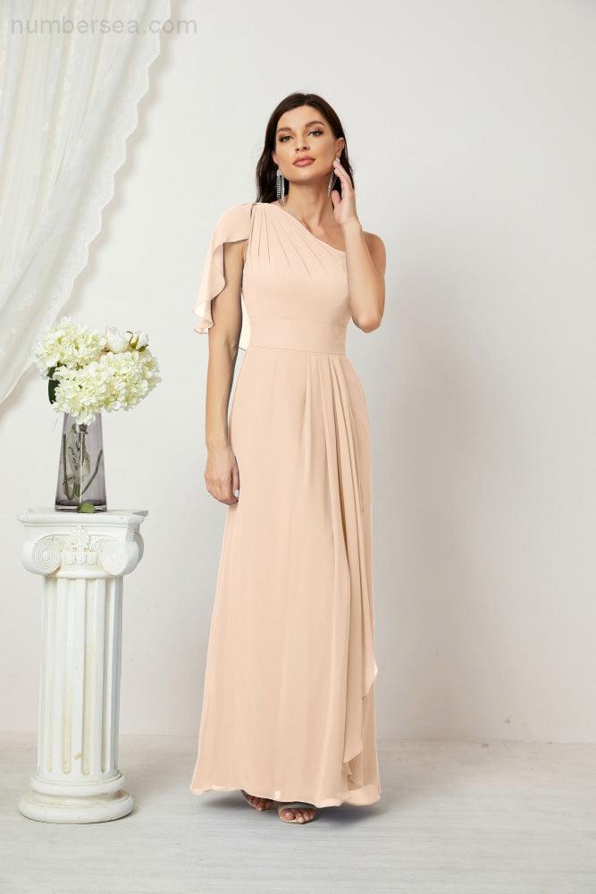Abito da Sera Formale A-line con Spalla Singola e Balze in Chiffon, Spacco Laterale, per Damigelle, Modello 2809