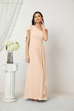 Abito da Sera Formale A-line con Spalla Singola e Balze in Chiffon, Spacco Laterale, per Damigelle, Modello 2809