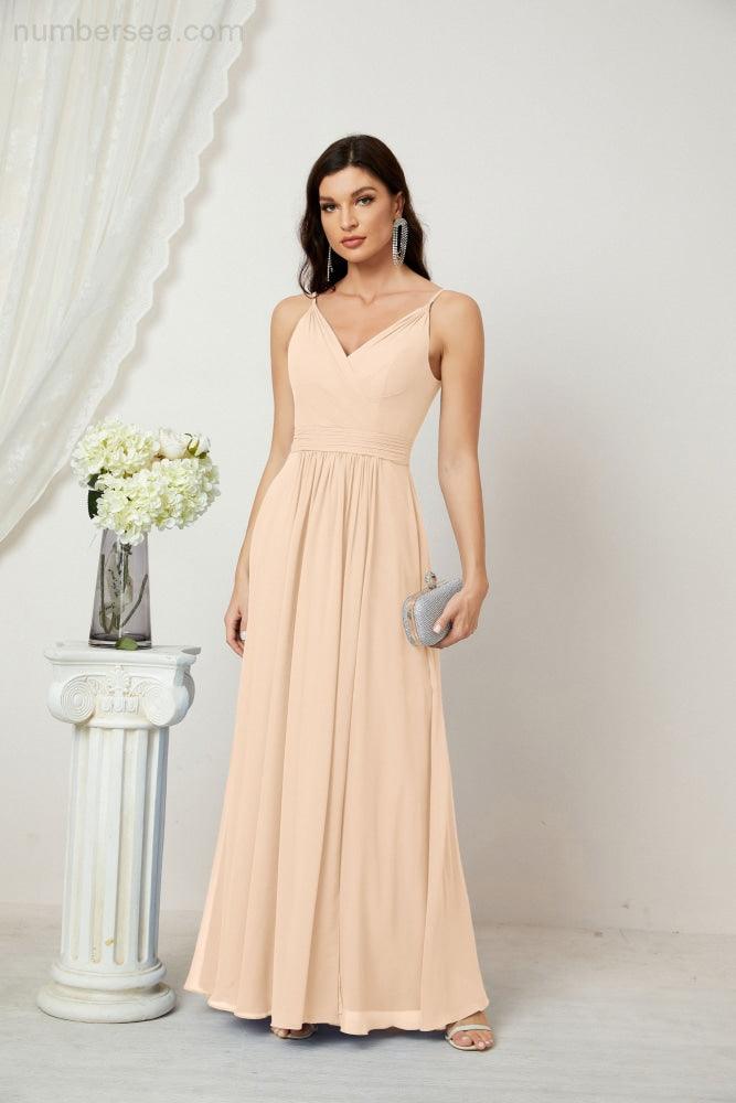 فستان وصيفة العروس من شيفون برقبة على شكل حرف V، بحمالات رفيعة، طويل، رسمي، للحفلات والسهرة مع فتحة جانبية 28010