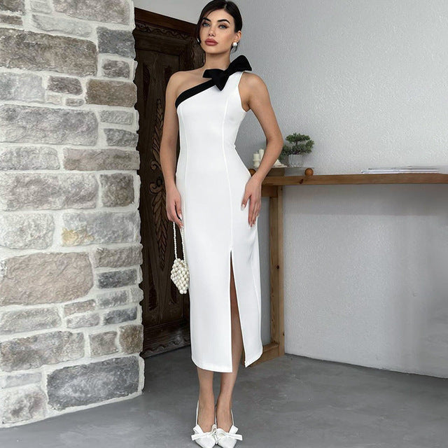 TARUXY Bow Skew Collar Sexy Split Maxi Dress Women's Contrast Color Sleeveless Elegant Club Evening Dress Splice Fashion Outfits