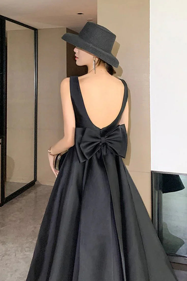Elegante abito da sera nero per ballo di compleanno, senza schiena, con grande fiocco, lungo, per ospiti di festa estiva Y5790