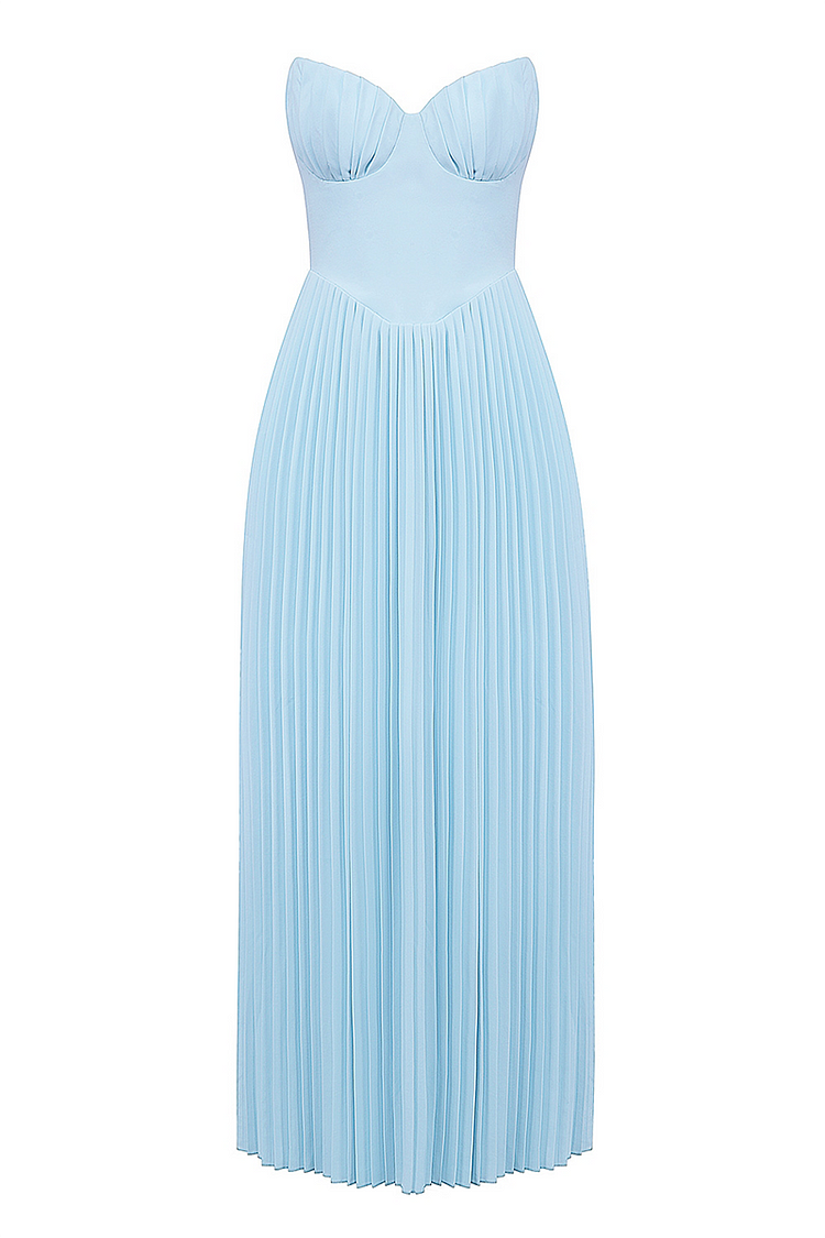 Strapless Cinch Waist Pleated Maxi Dresses-Blue Pre Order