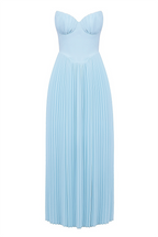 Strapless Cinch Waist Pleated Maxi Dresses-Blue Pre Order