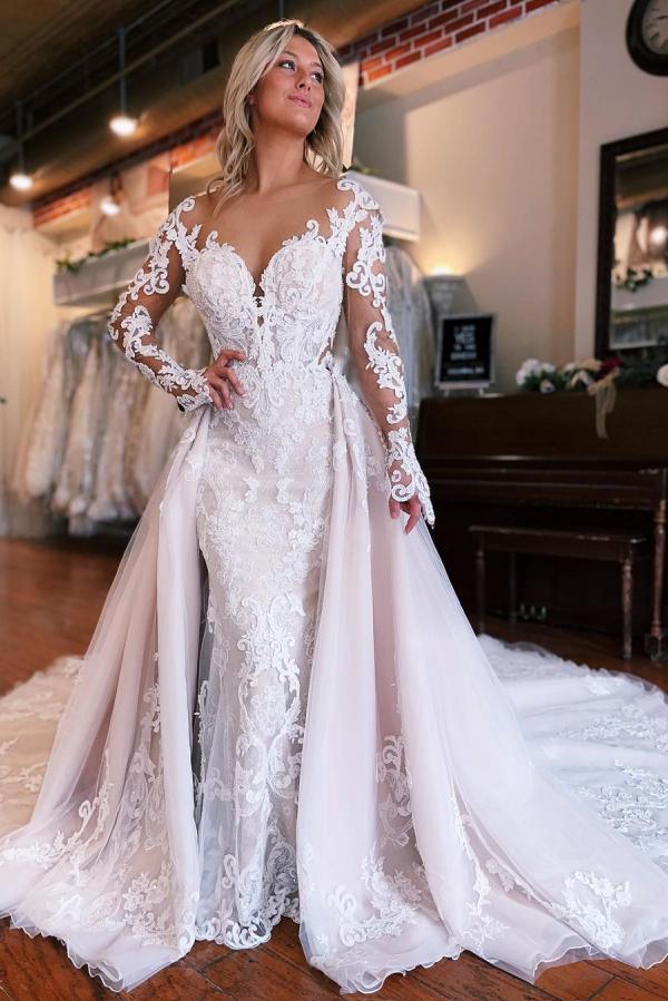 Bmbridal Lace Long Sleeves Wedding Dress With Overskirt Beaded Details On Sale