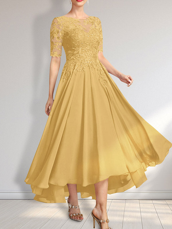 Robe de mère de la mariée en mousseline et dentelle asymétrique illusion à encolure dégagée, coupe en A, ornée de paillettes