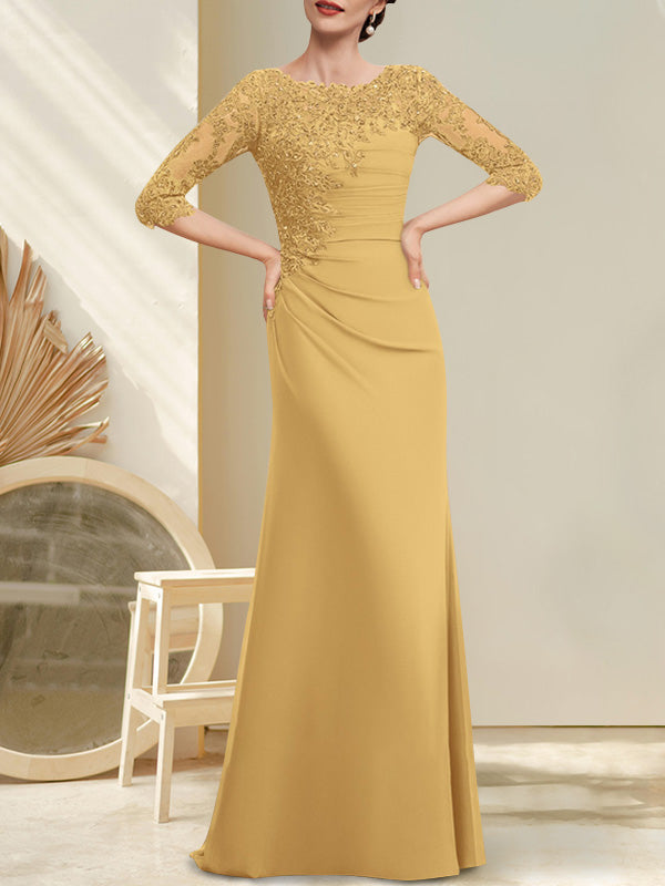 Robe de mère de la mariée en mousseline et dentelle, longueur au sol, en ligne A, décolleté en U, ornée de perles et de paillettes plissées