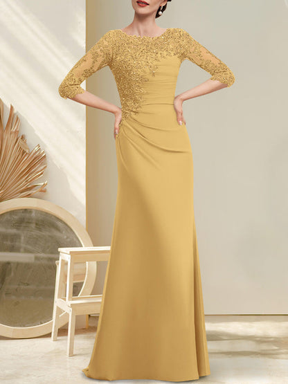 Vestido de gasa con encaje y escote redondo para madre de la novia, con lentejuelas plisadas y cuentas.