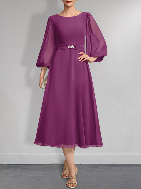 A-Linie U-Ausschnitt Wadenlang Chiffon Mutter der Braut Kleid Mit Kristall Brosche Plissee