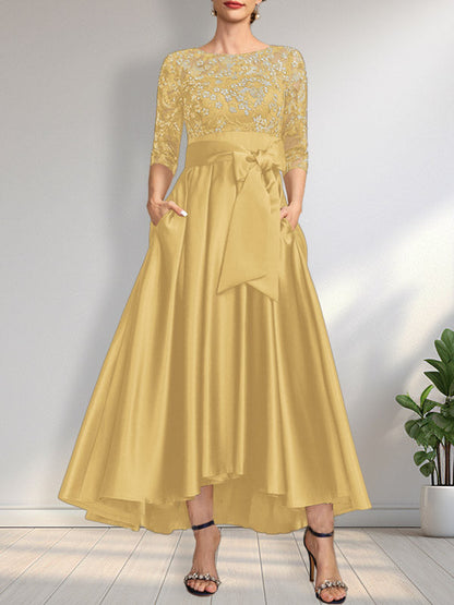 A-Linie U-Ausschnitt Illusion Asymmetrisch Satin Spitze Mutter der Braut Kleid mit Schleife