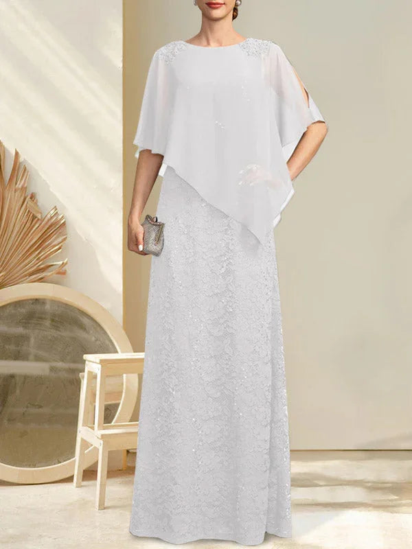 Vestido de madrina de novia de encaje de gasa con lentejuelas y abalorios, corte columna y largo hasta el suelo