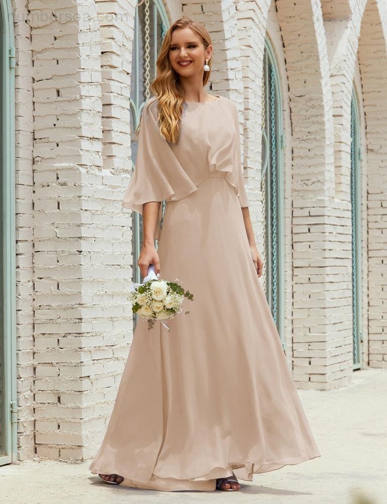 Abito da Damigella Donna Manica Lunga Scollatura a V Chiffon Abito da Cerimonia Matrimonio Festa 28018
