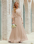 Abito da Damigella Donna Manica Lunga Scollatura a V Chiffon Abito da Cerimonia Matrimonio Festa 28018