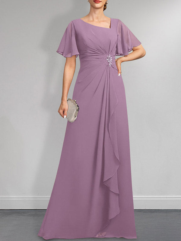 Robe de mère de la mariée en mousseline asymétrique longue jusqu'au sol, coupe en A, ornée de perles plissées et de paillettes