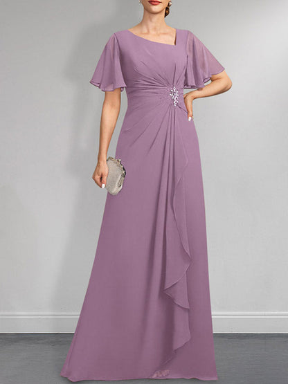 Vestido de gasa para madre de la novia, corte A, asimétrico, largo hasta el suelo, con lentejuelas y cuentas plisadas