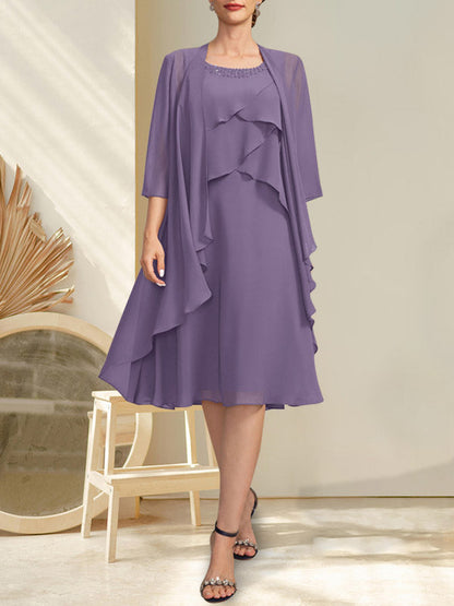 A-Linie U-Ausschnitt Knielang Chiffon Kleid für die Brautmutter mit Perlenbesatz