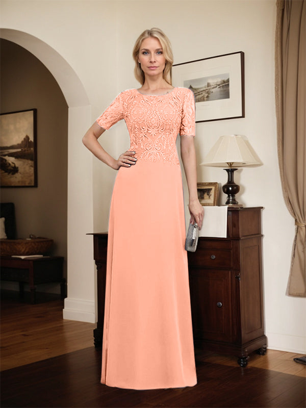 Robe de mère de la mariée en dentelle et mousseline, longueur au sol, en ligne A, décolleté en U, ornée de paillettes