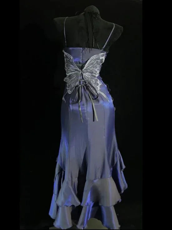 Abito da sera viola unico con fiori tridimensionali a sirena, spalline sottili, abito da ballo Y8347