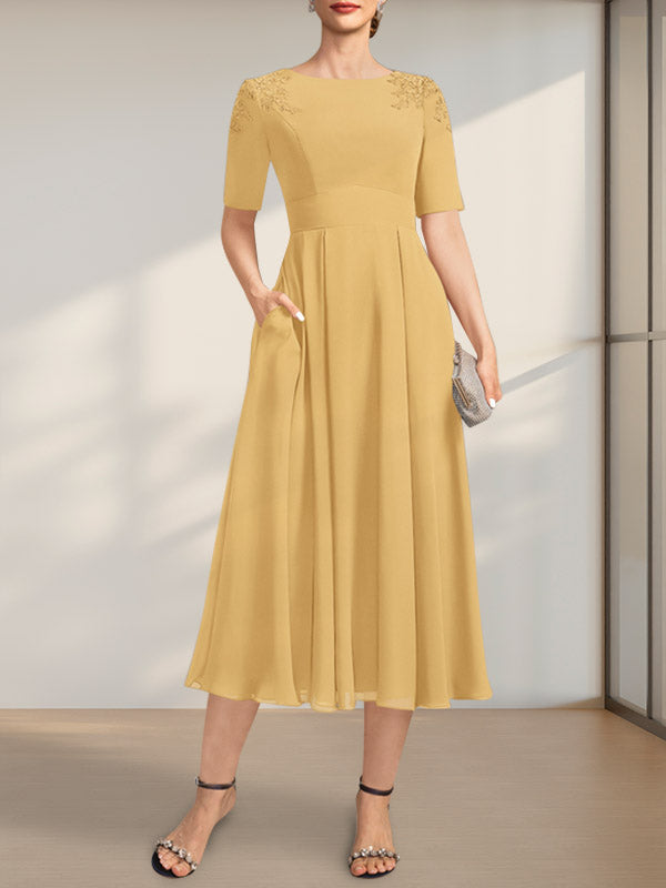 A-Linie U-Ausschnitt Wadenlang Chiffon Kleid für die Brautmutter mit Applikationen Spitze Pailletten