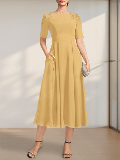 A-Linie U-Ausschnitt Wadenlang Chiffon Kleid für die Brautmutter mit Applikationen Spitze Pailletten