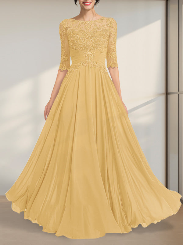 Robe de mère de la mariée en dentelle de mousseline longueur au sol, ligne A, décolleté illusion en forme de cuvette avec sequins plissés