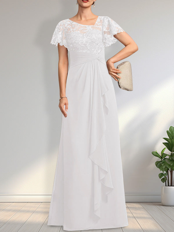 Robe de mère de la mariée en dentelle et mousseline, longueur au sol, illusion asymétrique en ligne A, avec volants en cascade et paillettes