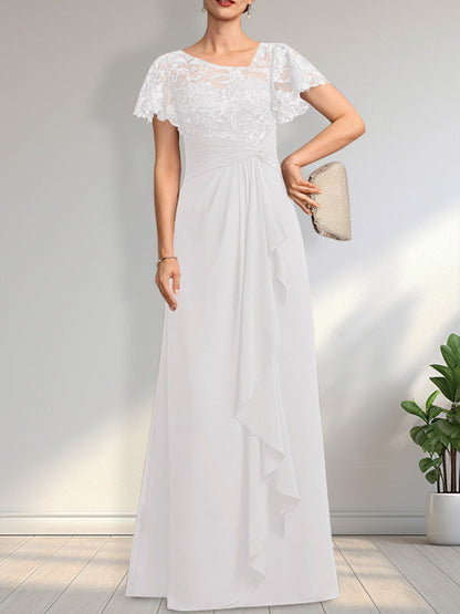 Vestido de madre de la novia de gasa con encaje, ilusión asimétrica, largo hasta el suelo, con volantes en cascada y lentejuelas. 