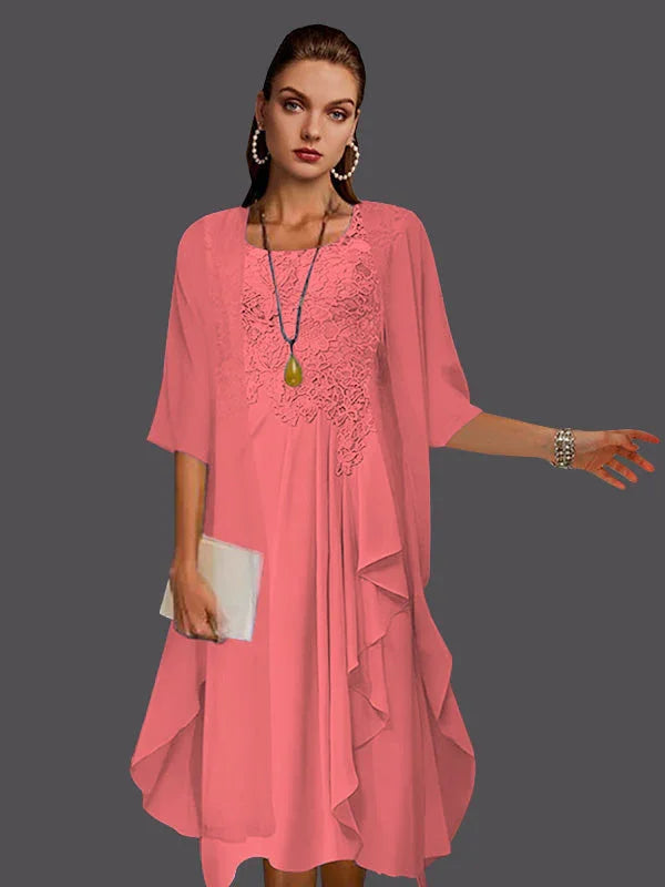 Vestidos de dos piezas con chaqueta sin mangas de encaje de gasa en línea A con pliegues y apliques