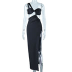 Schräge Schulter Kleid Volltonfarbe Pullover Sexy Rückenfreies Abendkleid Lange Socialite Split 