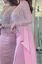 Abito da sera elegante e sensuale con scollo a V e frange color bronzo