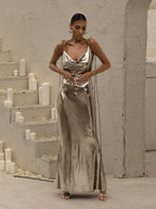 Metallic Coated Deep Neck Backless Evening Dress