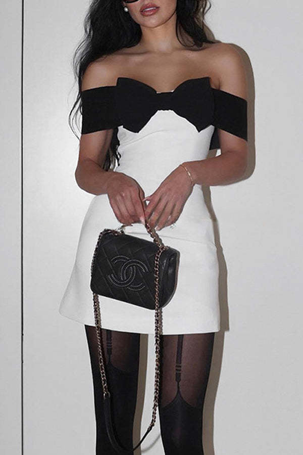 Vestido mini de fiesta elástico con hombros descubiertos y lazo excepcionalmente elegante 