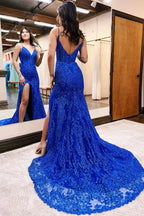 Elegante abito da sera lungo a sirena blu reale con scollo a V, senza maniche, in pizzo con spacco