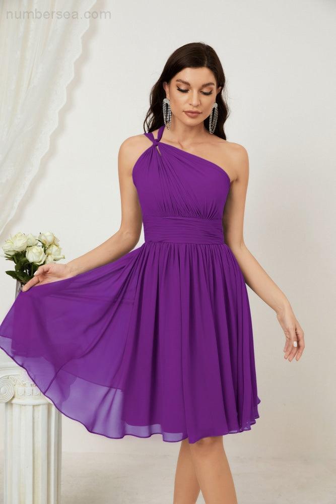 Numbersea Damen Chiffon Kurzes Ein-Schulter Brautjungfernkleid Festliche Kleider für Feier Heimkehr 2804